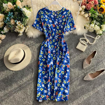 Rochie casual de dama cu maneci scurte si decolteu in V in albastru si verde