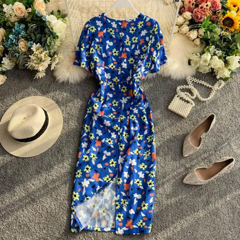 Rochie casual de dama cu maneci scurte si decolteu in V in albastru si verde