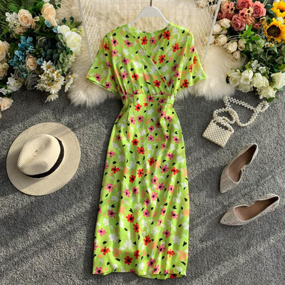 Rochie casual de dama cu maneci scurte si decolteu in V in albastru si verde