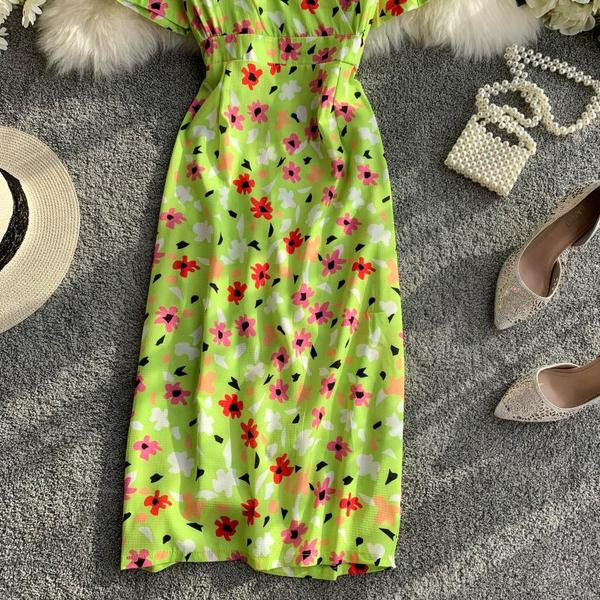 Rochie casual de dama cu maneci scurte si decolteu in V in albastru si verde