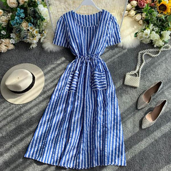 Rochie de dama in dungi cu decolteu O cu buzunar si cravate in doua culori