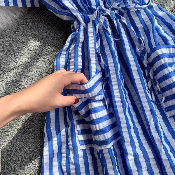 Rochie de dama in dungi cu decolteu O cu buzunar si cravate in doua culori