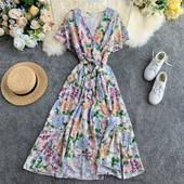 Rochie lunga de dama cu maneci scurte si panglica in doua culori