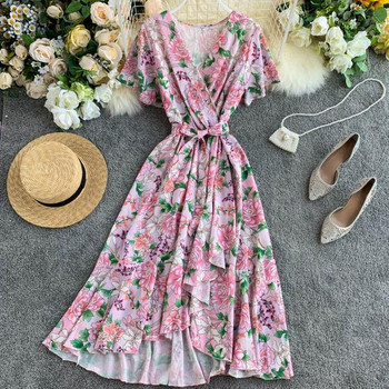 Rochie lunga de dama cu maneci scurte si panglica in doua culori