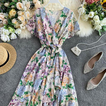 Rochie lunga de dama cu maneci scurte si panglica in doua culori