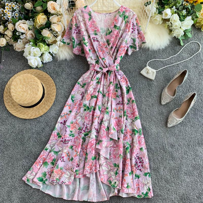 Rochie lunga de dama cu maneci scurte si panglica in doua culori