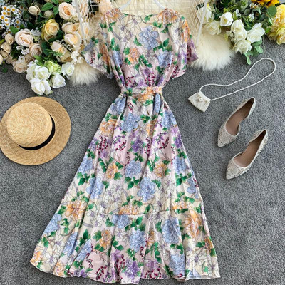 Rochie lunga de dama cu maneci scurte si panglica in doua culori