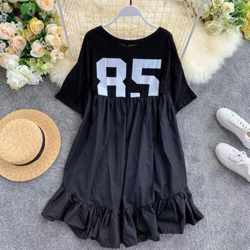 Дамска ежедневна рокля с къс ръкав и апликация с О-образно деколте