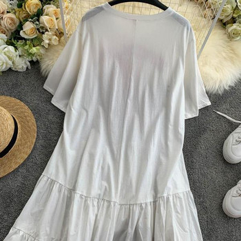 Дамска ежедневна рокля с къс ръкав и апликация с О-образно деколте