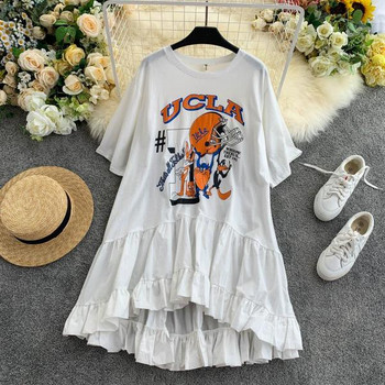 Дамска ежедневна рокля с къс ръкав и апликация с О-образно деколте