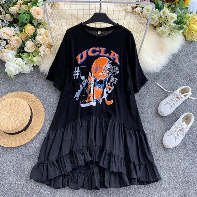 Дамска ежедневна рокля с къс ръкав и апликация с О-образно деколте