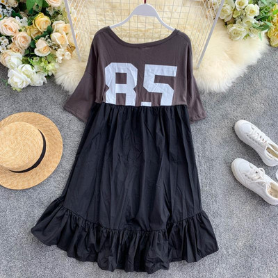 Дамска ежедневна рокля с къс ръкав и апликация с О-образно деколте