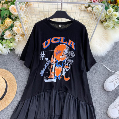 Дамска ежедневна рокля с къс ръкав и апликация с О-образно деколте