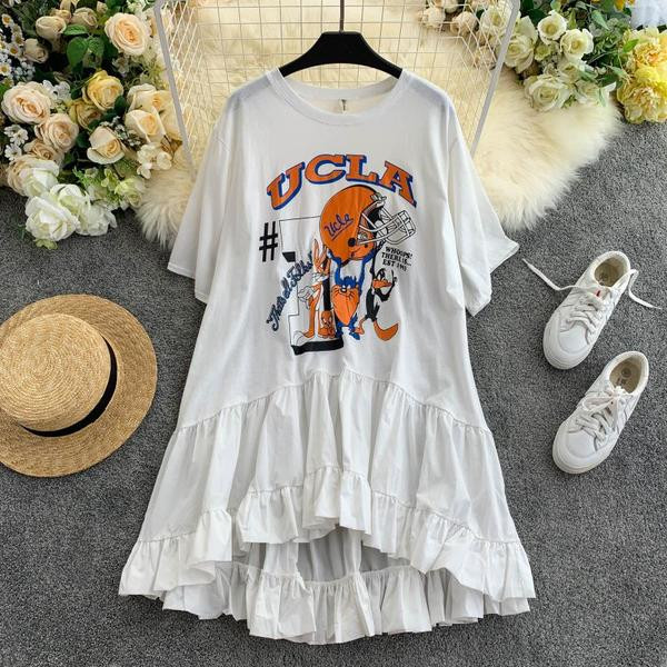 Дамска ежедневна рокля с къс ръкав и апликация с О-образно деколте