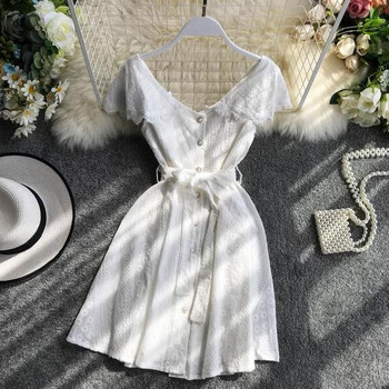 Rochie moderna de dama cu panglica si nasturi in trei culori