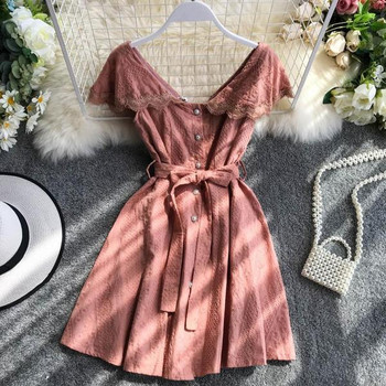 Rochie moderna de dama cu panglica si nasturi in trei culori