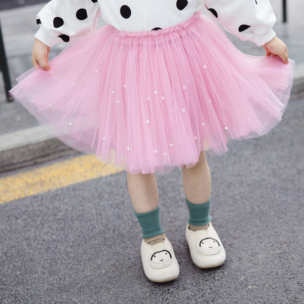 Fusta de copii actuala in roz si gri cu perle si tul