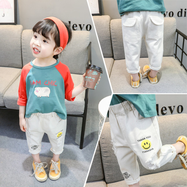 Blugi copii moderni pentru fete - alb cu aplicatie