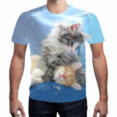 Tricou pentru bărbați cu aplicație pisică și mâneci scurte