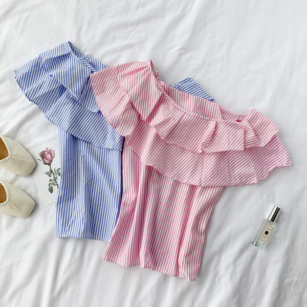 Bluză de damă modernă cu dungi cu umeri goi, în albastru și roz