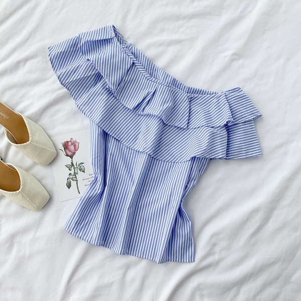 Bluză de damă modernă cu dungi cu umeri goi, în albastru și roz