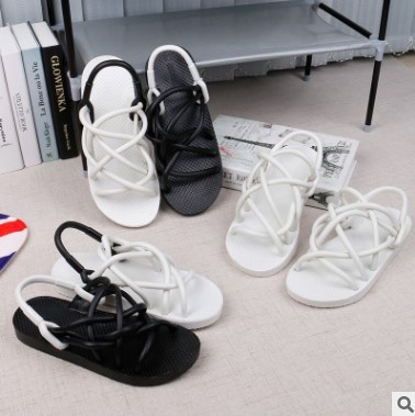 Sandale casual dama alb-negru cu talpa plata