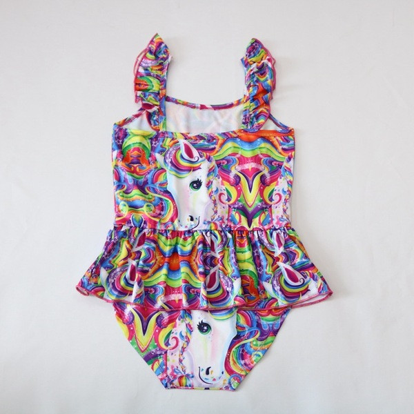 Costum de baie pentru fete pentru copii cu aplicatie colorata si bretele