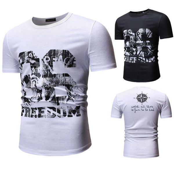 Tricou casual barbatesc cu maneci scurte si aplicatie alb-negru