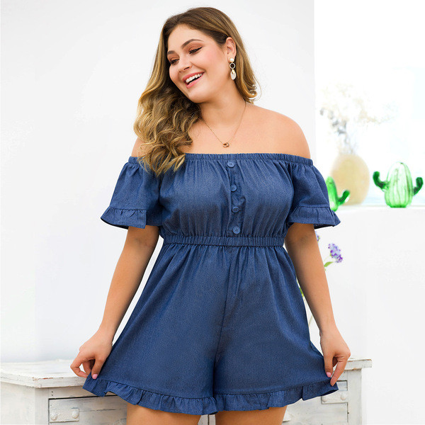 Női lezser farmer kombinét rövid ujjú, csupasz vállú kék színben