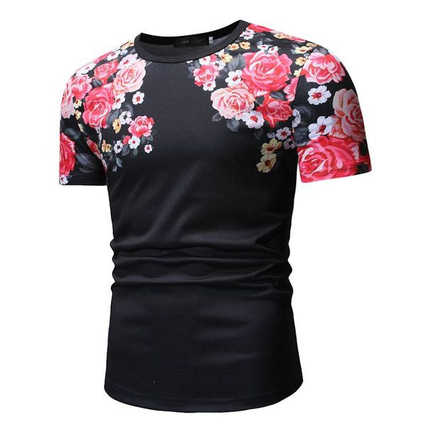 Tricou bărbătesc cu aplicație florală alb-negru