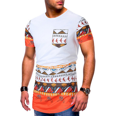 Tricou lung pentru bărbați cu mâneci scurte și buzunar în două culori și model