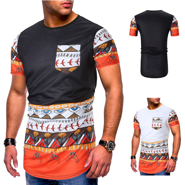 Tricou lung pentru bărbați cu mâneci scurte și buzunar în două culori și model