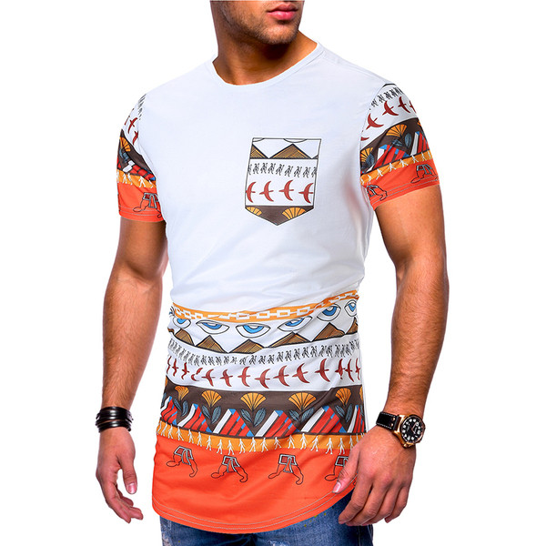 Tricou lung pentru bărbați cu mâneci scurte și buzunar în două culori și model