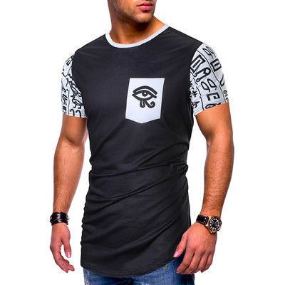 Tricou lung cu decolteu oval și mâneci scurte în alb și negru și model