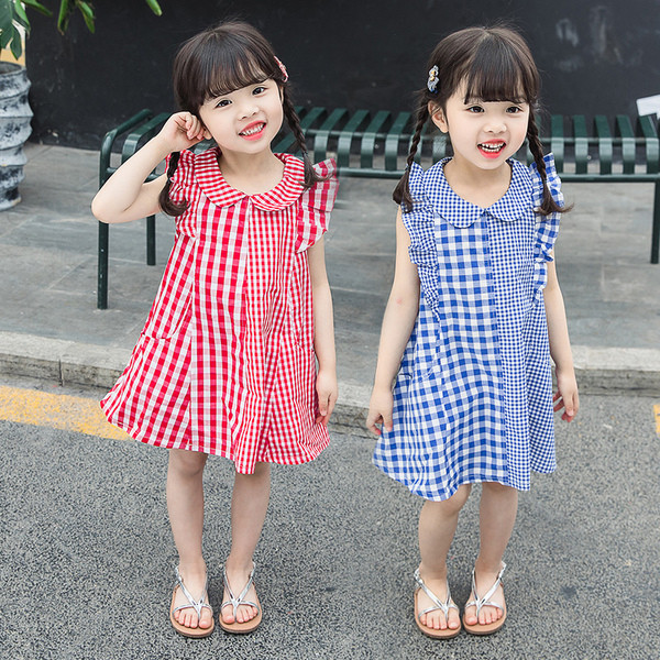 Rochie in carouri pentru copii in albastru si rosu