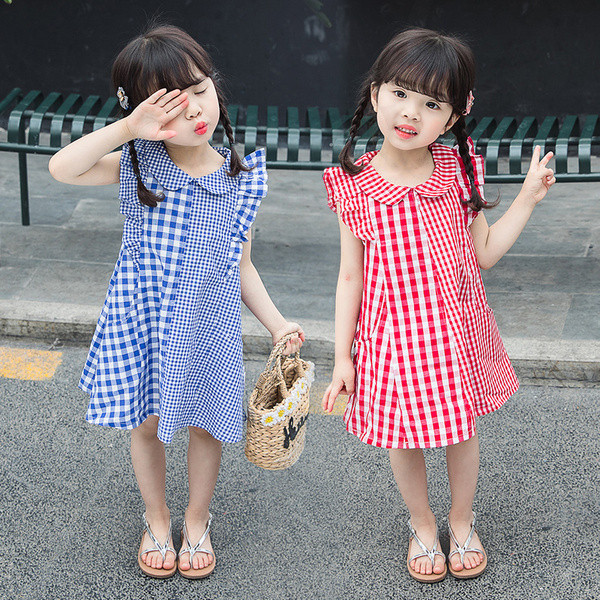 Rochie in carouri pentru copii in albastru si rosu