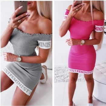 Rochie casual de dama cu maneci scurte si inscriptionare in roz si gri