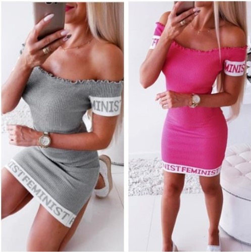 Rochie casual de dama cu maneci scurte si inscriptionare in roz si gri