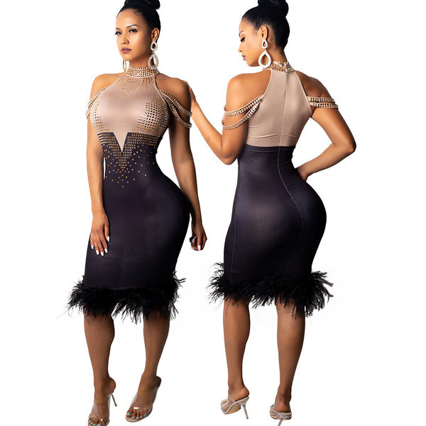 Rochie moderna de dama cu guler inalt si pene