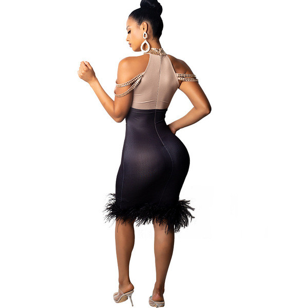 Rochie moderna de dama cu guler inalt si pene