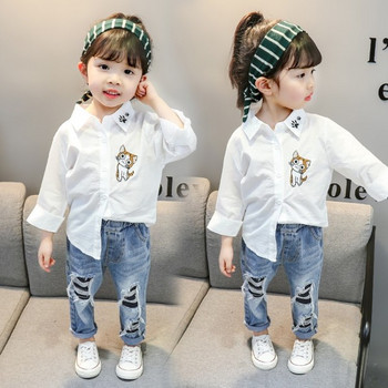 Детска модерна риза за момичета в бял цвят с бродерия