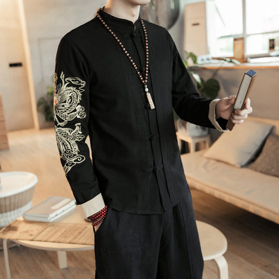 Cămașă pentru bărbați cu mâneci lungi, cu broderie neagră