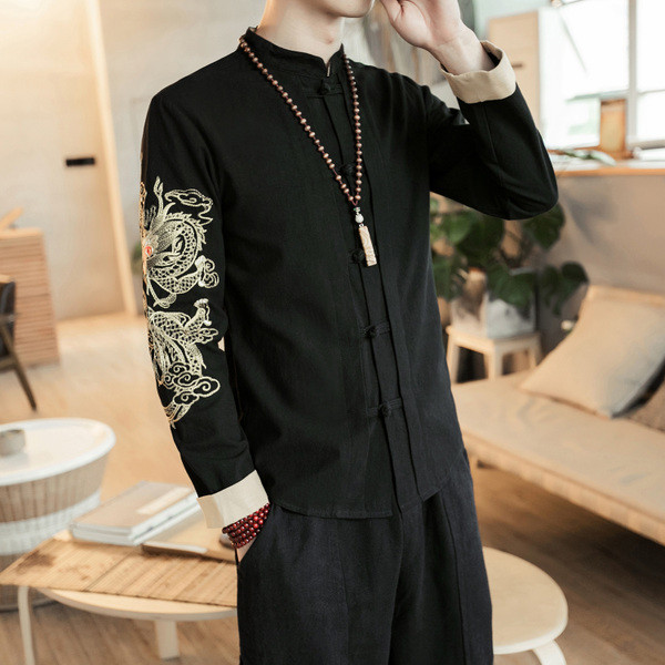 Cămașă pentru bărbați cu mâneci lungi, cu broderie neagră