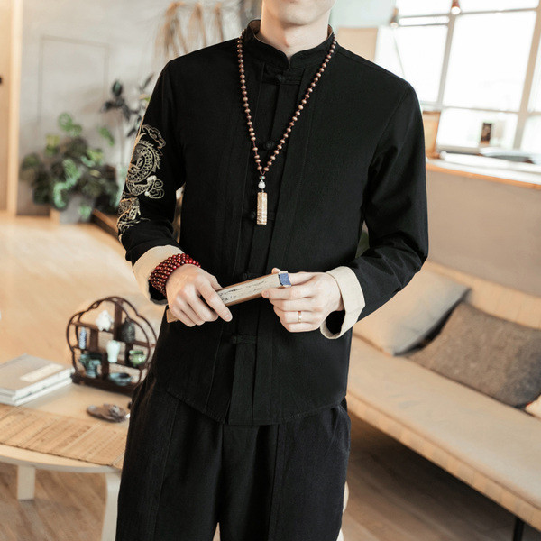 Cămașă pentru bărbați cu mâneci lungi, cu broderie neagră