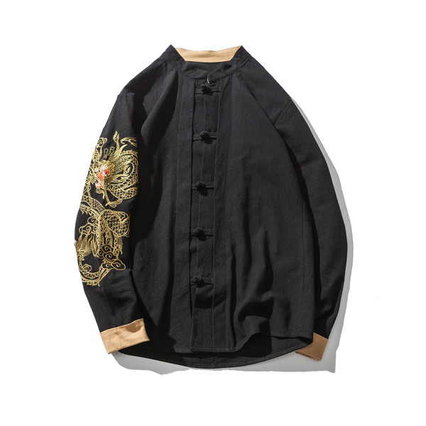 Cămașă pentru bărbați cu mâneci lungi, cu broderie neagră