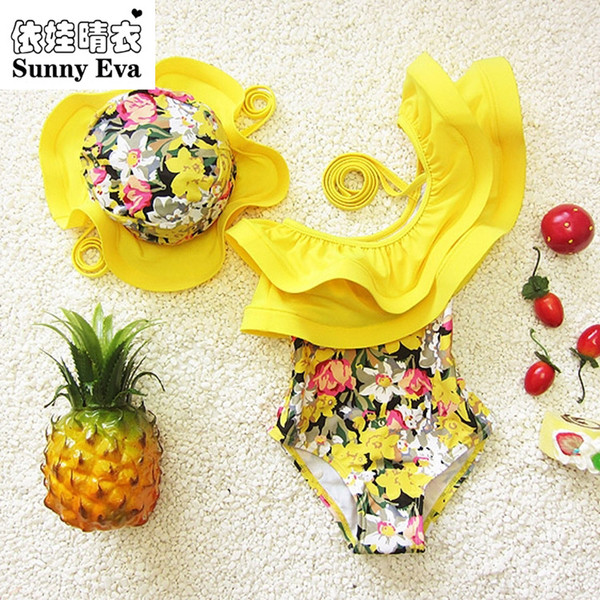 Costum de baie pentru copii costum intreg cu model floral in galben