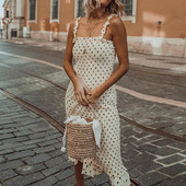 Rochie casual de dama de culoare alba cu puncte cu bretele subtiri