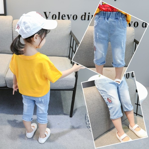 Blugi moderni pentru copii cu broderie si buzunare pentru fete