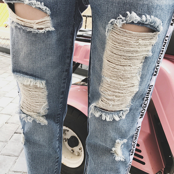 Blugi lungi pentru bărbați cu efect rupt și margine laterală