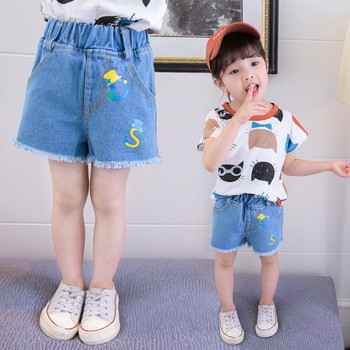 Детски къси дънки в син цвят с бродерия-за момичета